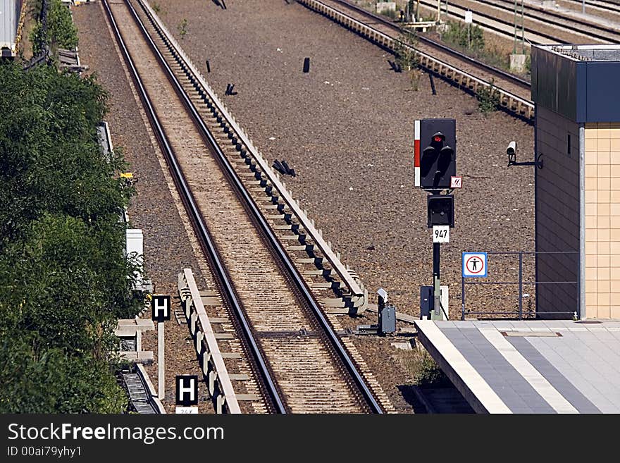 Rapid-transit railway yard Beusselstrasse, stop signal, from the car-bridge photographs in Moabit Berlin Germany. Rapid-transit railway yard Beusselstrasse, stop signal, from the car-bridge photographs in Moabit Berlin Germany