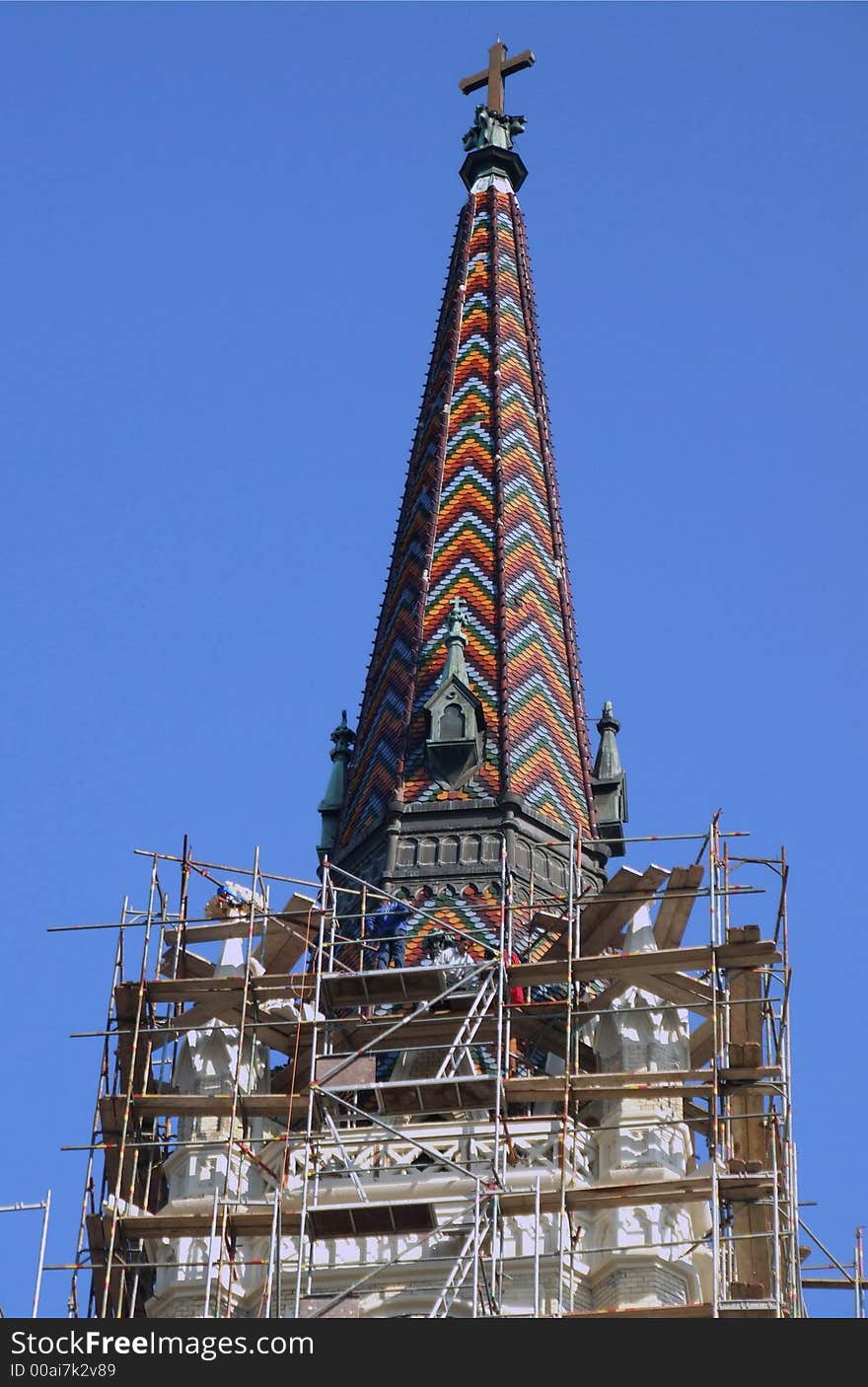 Photo of scaffold around a cathedral steeple. Photo of scaffold around a cathedral steeple