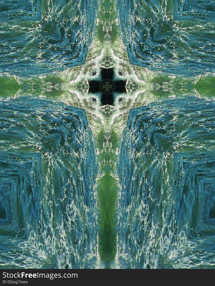 Kaleidoscope cross from photo of green wave breaking on Oregon beach. Kaleidoscope cross from photo of green wave breaking on Oregon beach