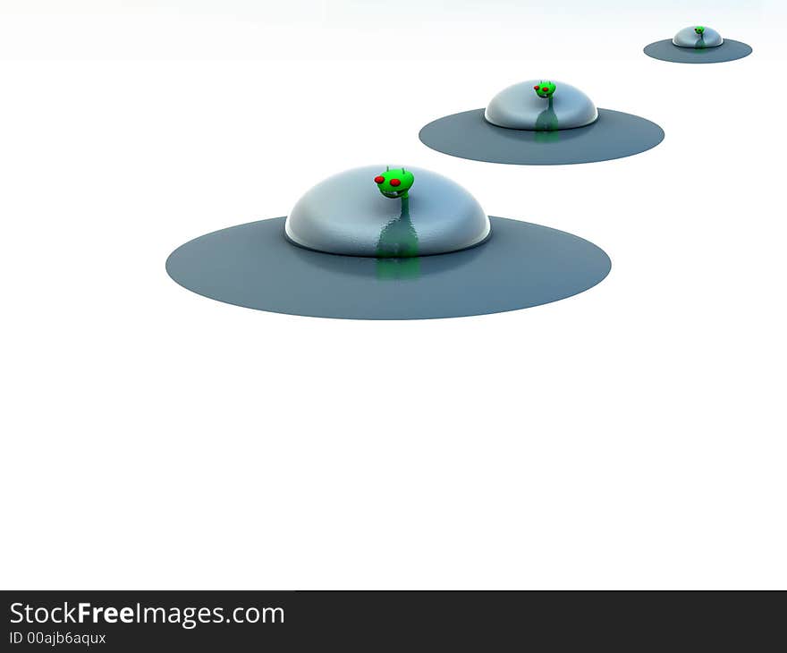 A fleet of flying saucer that is in hover mode. A fleet of flying saucer that is in hover mode.