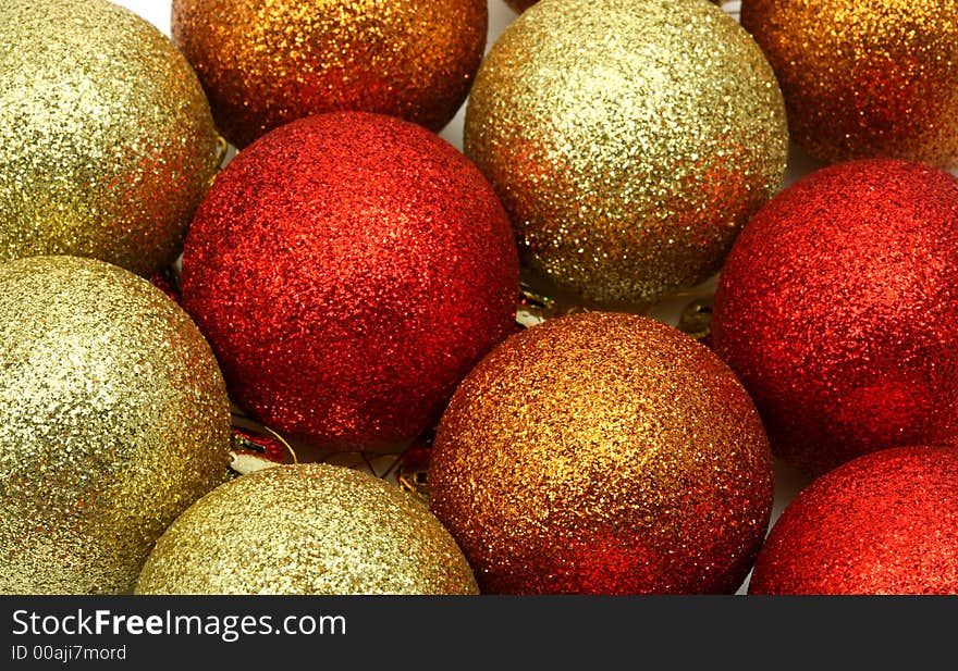 Christmas balls used as ornaments with shiny surfaces and textures