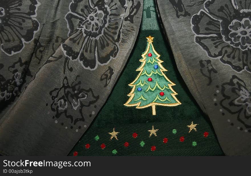 Christmas tree hand towel close up silk background