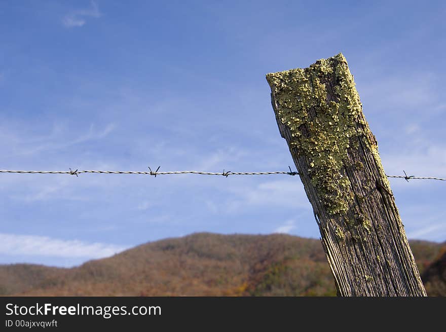 A barbed wire fence is set against a blue sky. A barbed wire fence is set against a blue sky.