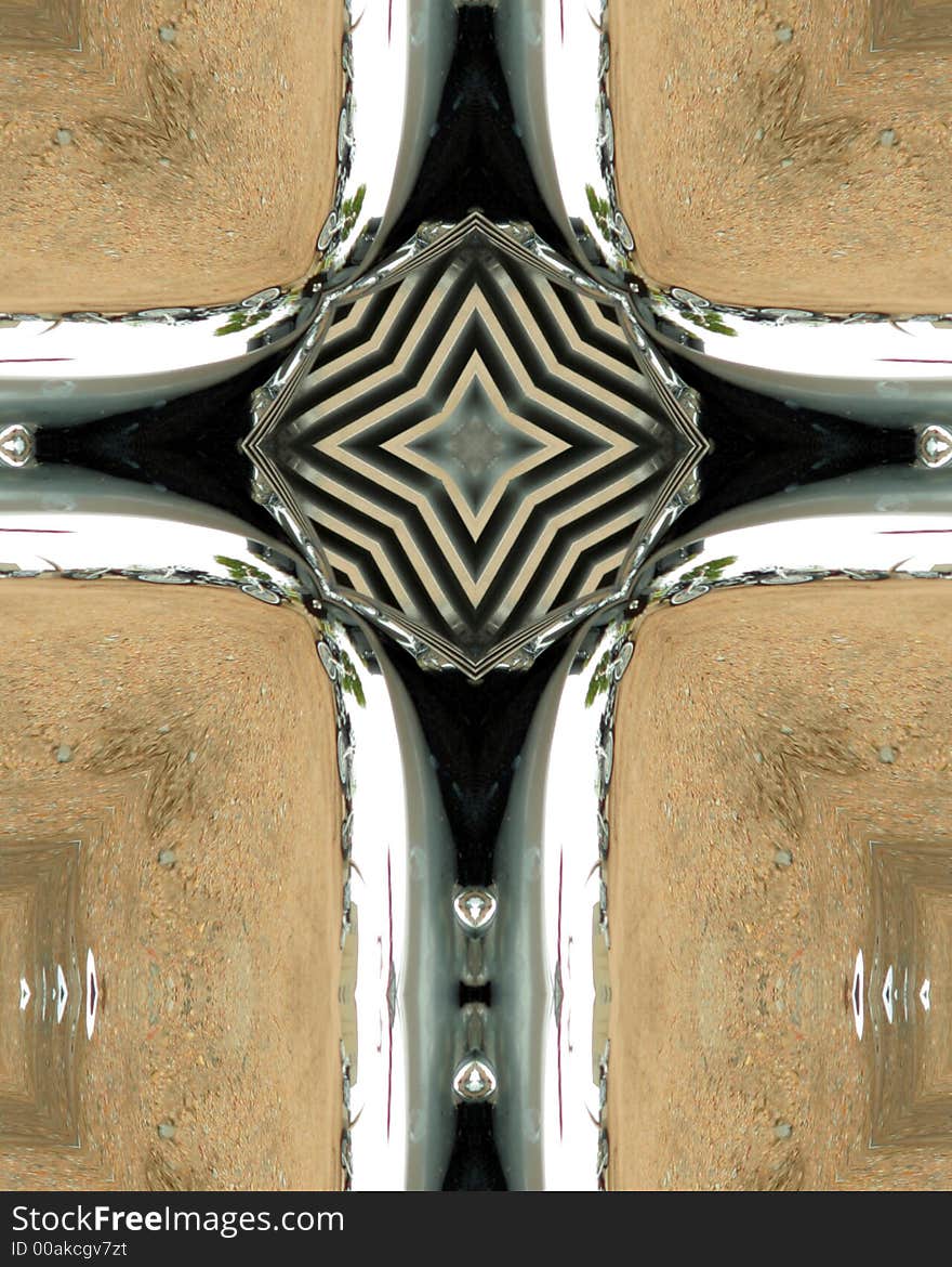 Kaleidoscope cross from photo of chrome motorcycle engine and reflections. Kaleidoscope cross from photo of chrome motorcycle engine and reflections