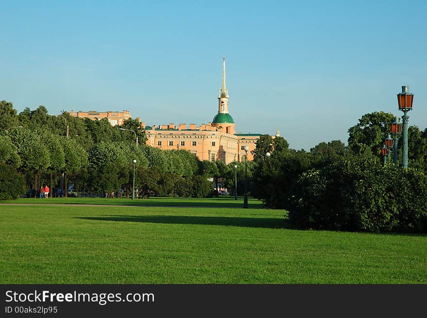 Green glade decorated by trees and building. DSLR image quality. Saint-Petersburg. Green glade decorated by trees and building. DSLR image quality. Saint-Petersburg.