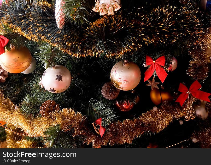 Beauty christmas tree decoration close-up. Beauty christmas tree decoration close-up