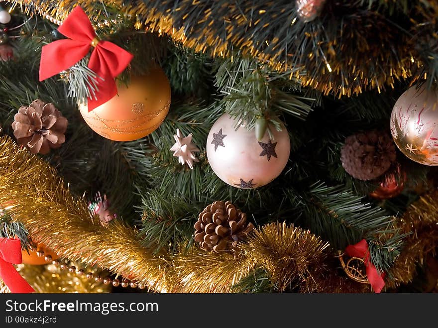 Beauty christmas tree decoration close-up. Beauty christmas tree decoration close-up