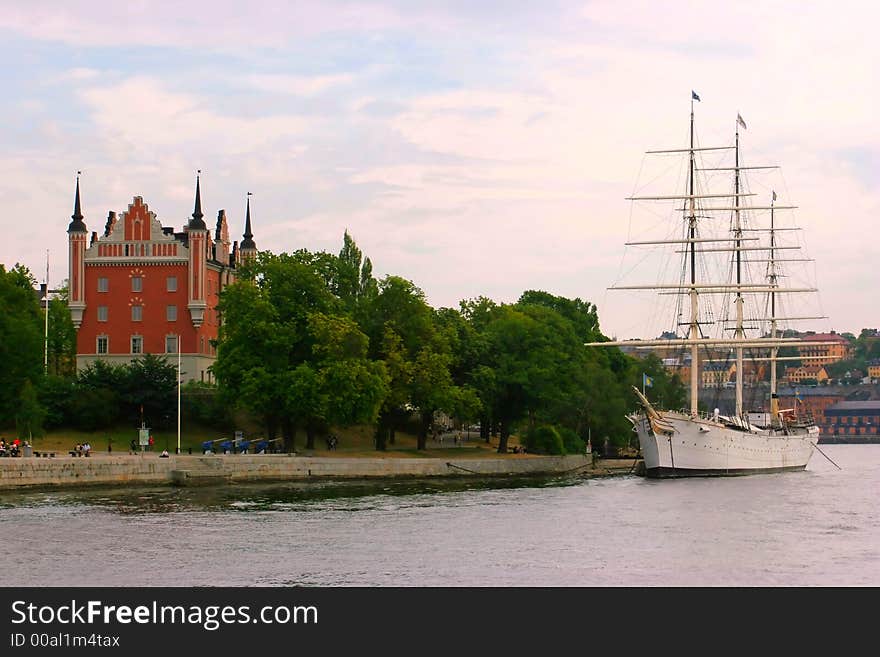 A ship alongside a castle, stockholm, sweden. A ship alongside a castle, stockholm, sweden