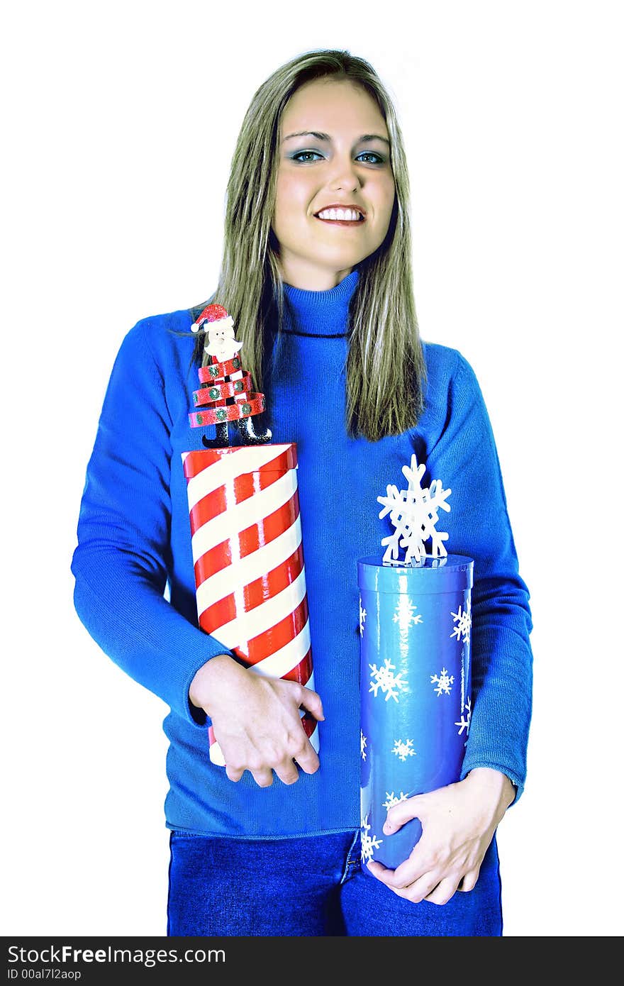 Young lady or girl or woman holding two Christmas gift wine boxes (tubes). Young lady or girl or woman holding two Christmas gift wine boxes (tubes).