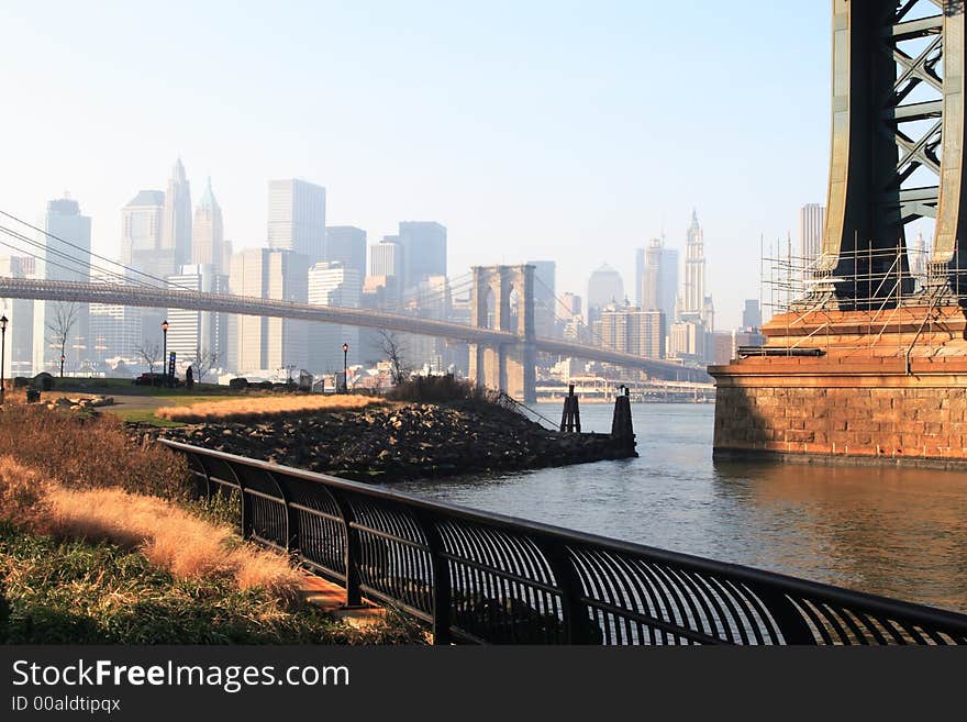 Brooklyn bridge looking west to Manhattan