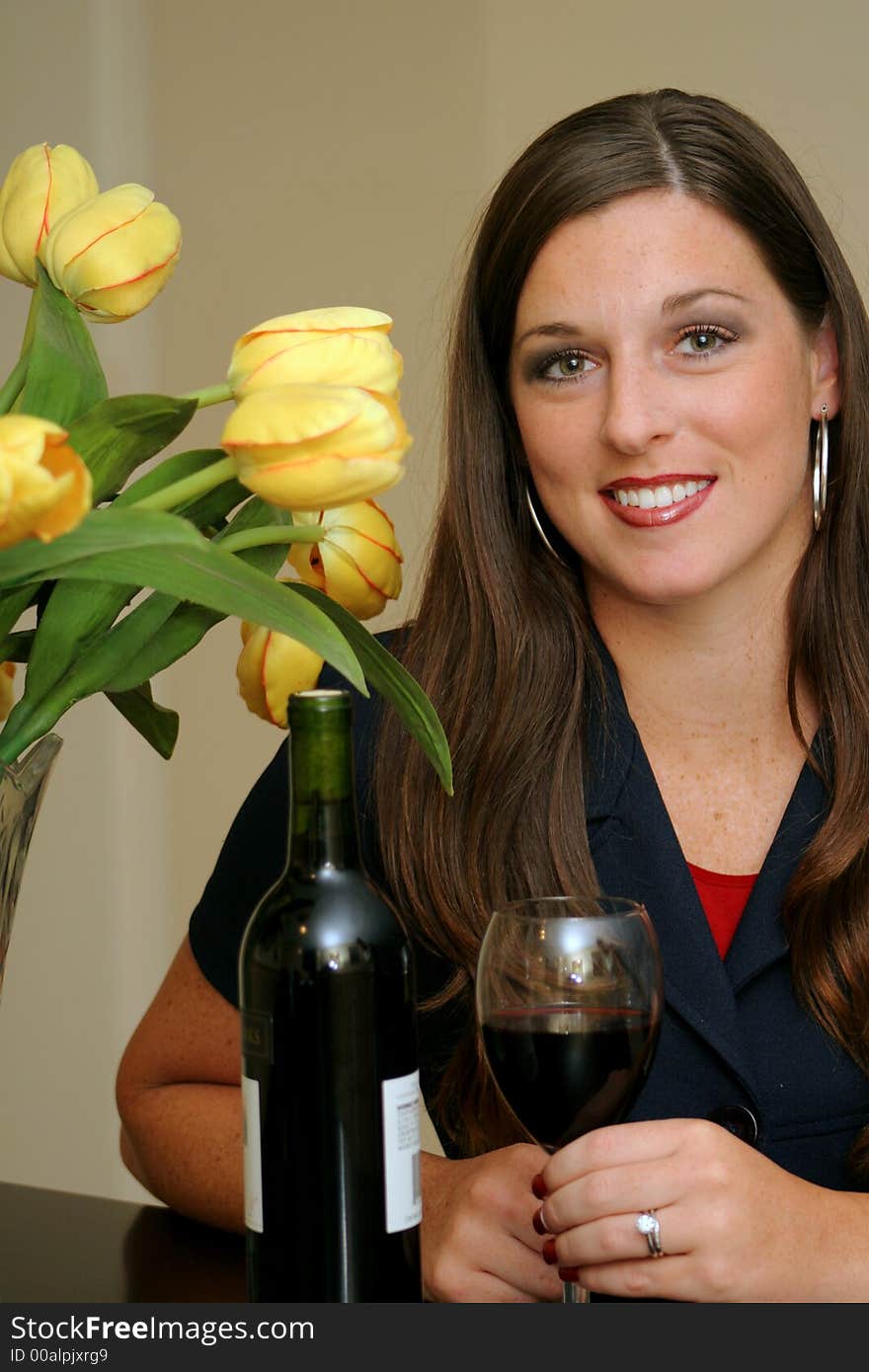 Woman With Wine & Flowers