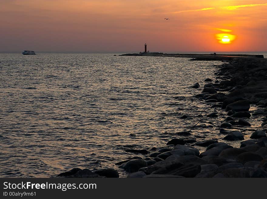 Sunset, sea, water, evening, reflections, sand. Sunset, sea, water, evening, reflections, sand