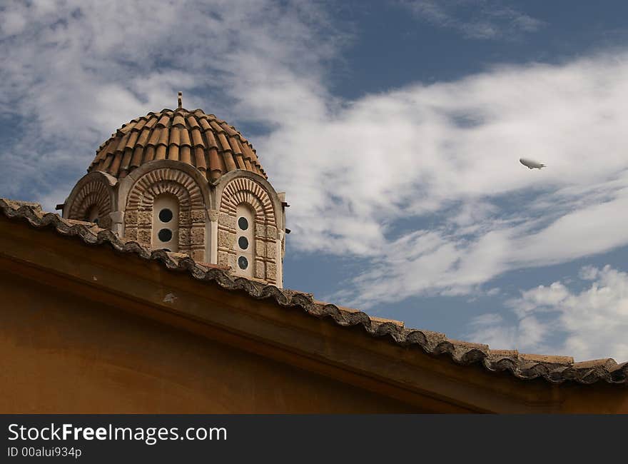 Church, Blue Sky, White Clouds, Airship