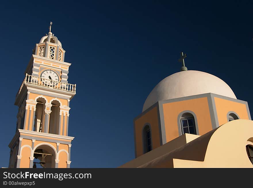 Santorini, Greece, churc, belltower with clocks