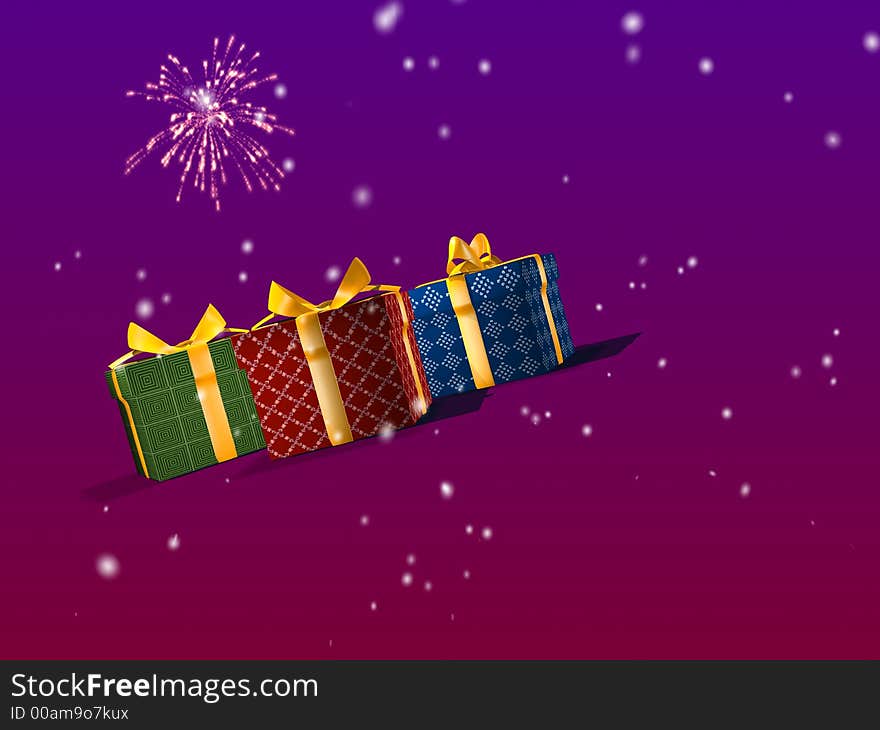 Three Christmas gifts 3d render with snow and fireworks