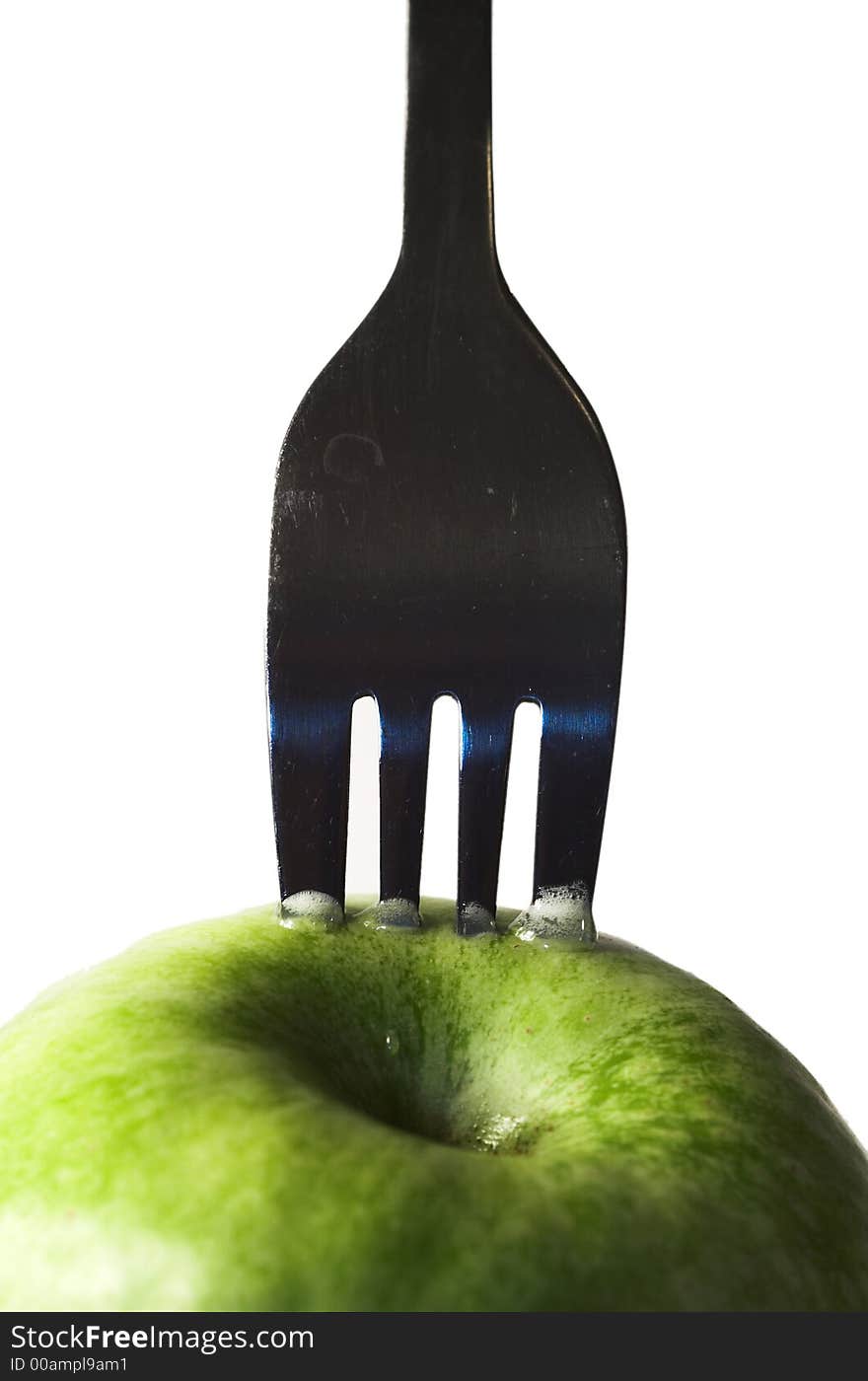 Apple, autumn, crutch, cutlery, diet, drew, drop, eat, fall, fork, fruit, green, prong, vitamin, water, yellow,