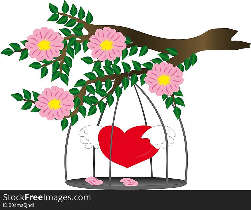 Valentine heart with wings in cage. Valentine heart with wings in cage