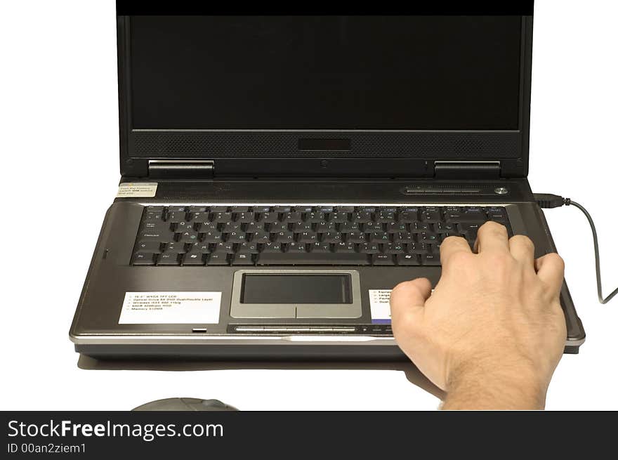 Series Black object on white: notebook with men hands