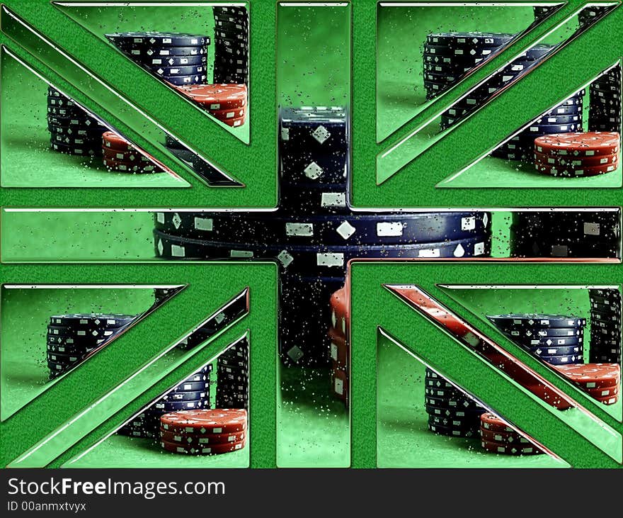 Reflective union jack showing reflection of gambling chips. Reflective union jack showing reflection of gambling chips