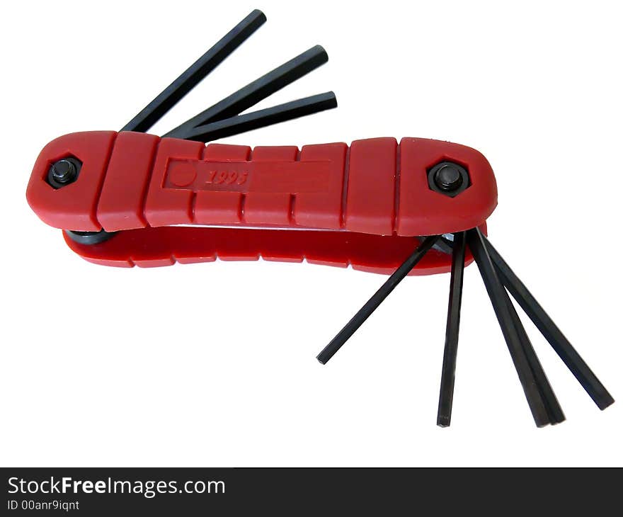 A set of 8 allen keys in a red plastic holder. A set of 8 allen keys in a red plastic holder.