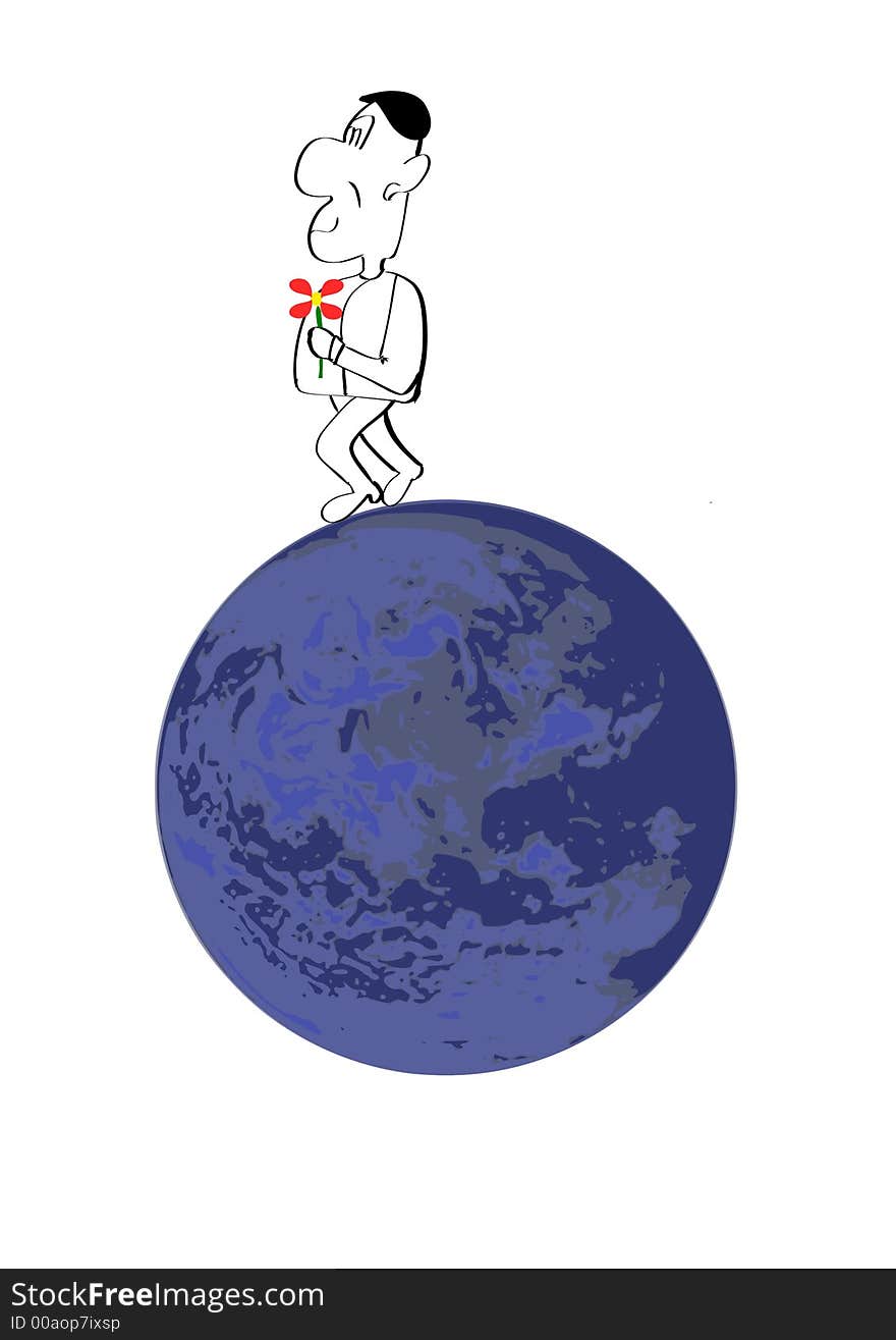 Computer generated vector graphics. Funny man with flower on the surface of the earth. Computer generated vector graphics. Funny man with flower on the surface of the earth.