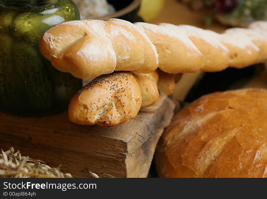 Natural eating - bread and another traditional eatings on wood. Natural eating - bread and another traditional eatings on wood