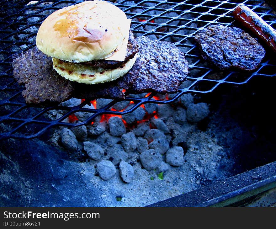 Backyard barbecue foods roasting over hot coals. Backyard barbecue foods roasting over hot coals.