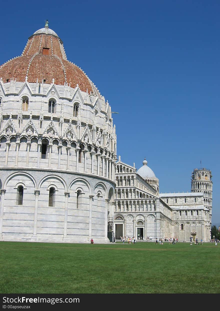 Baptistery and Leaning tower of Pisa in Italy