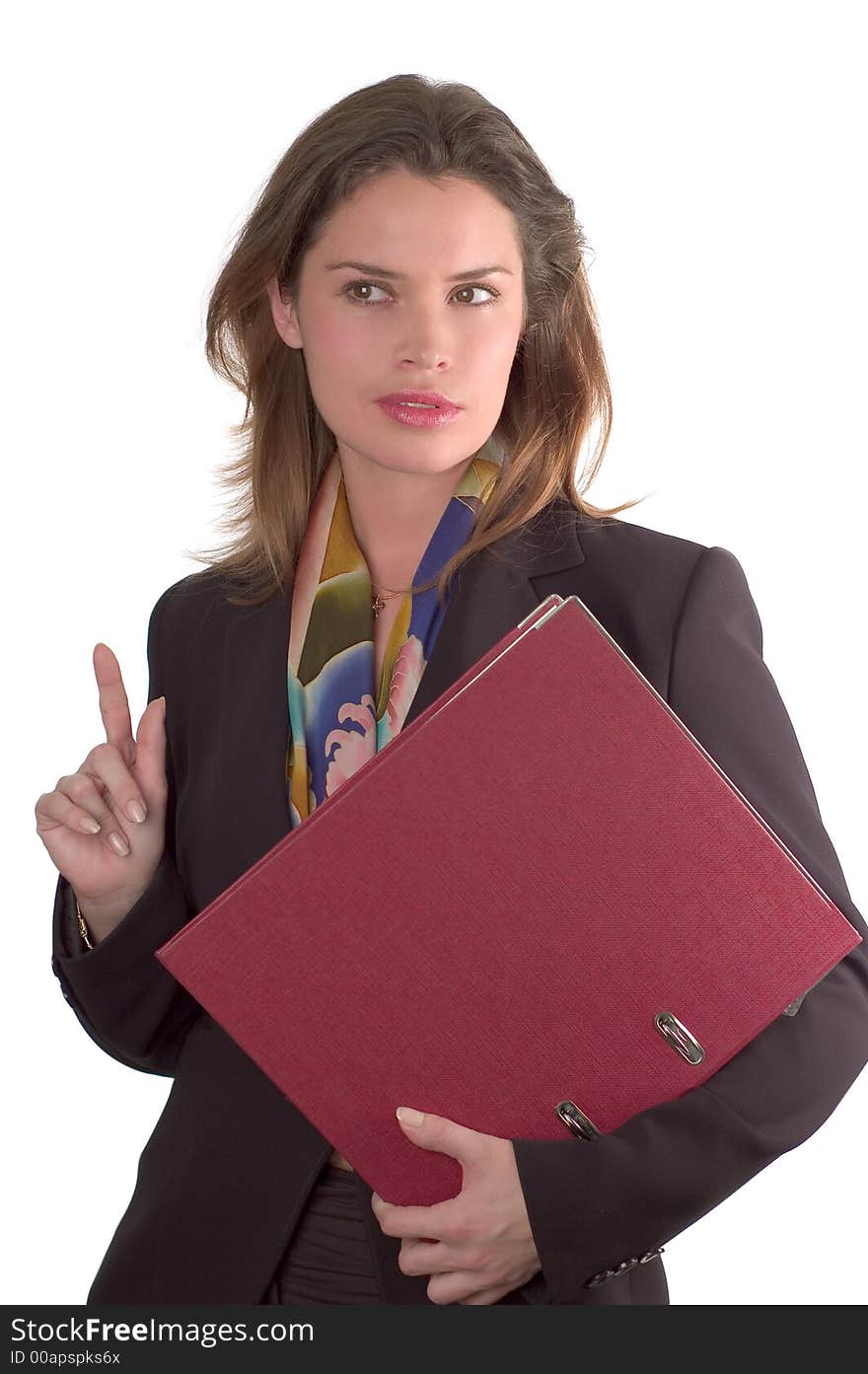 Business woman holding papers in left hand. Business woman holding papers in left hand