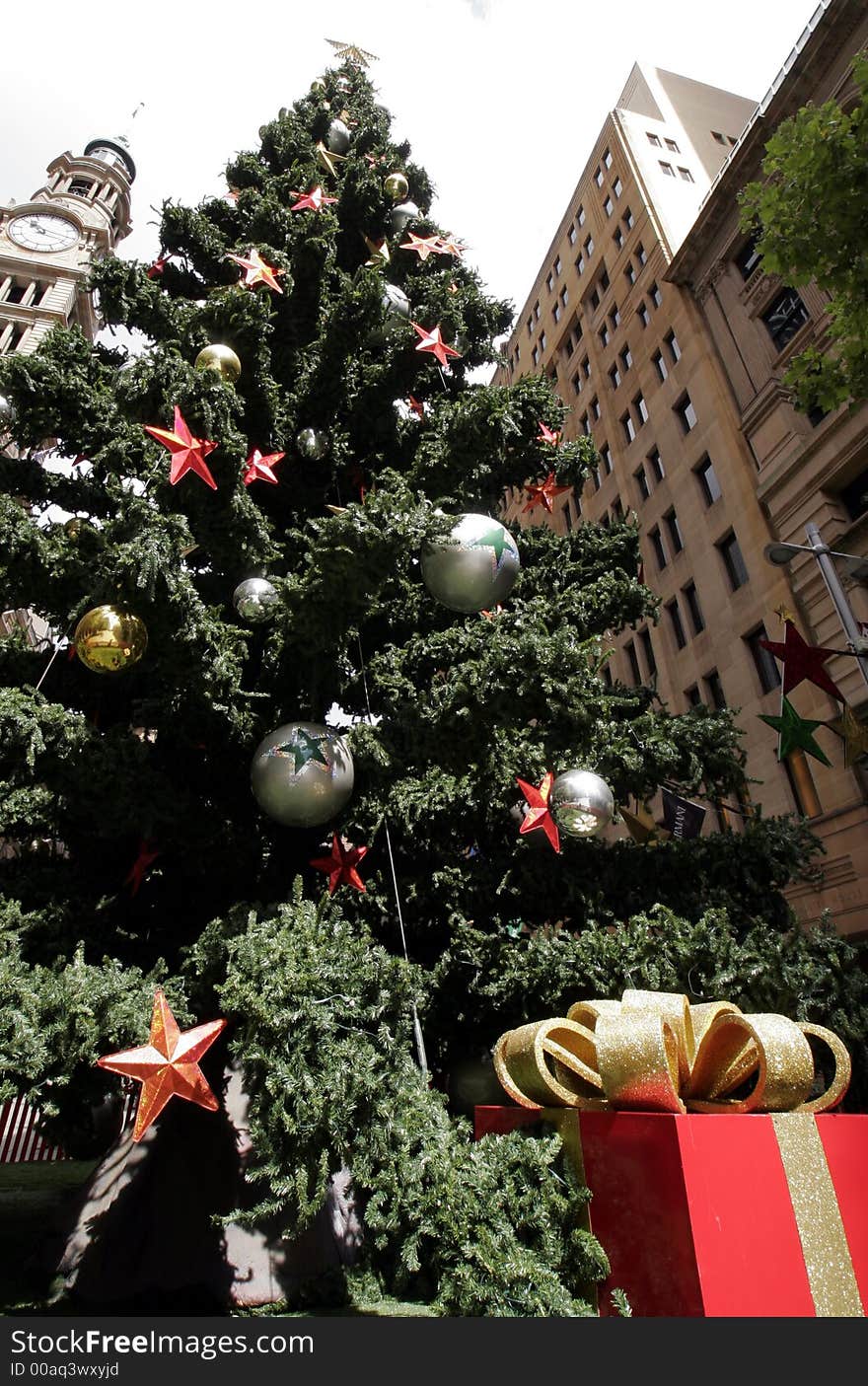 Tall Outdoor Christmas Tree With Decoration, Summer in Sydney, Australia