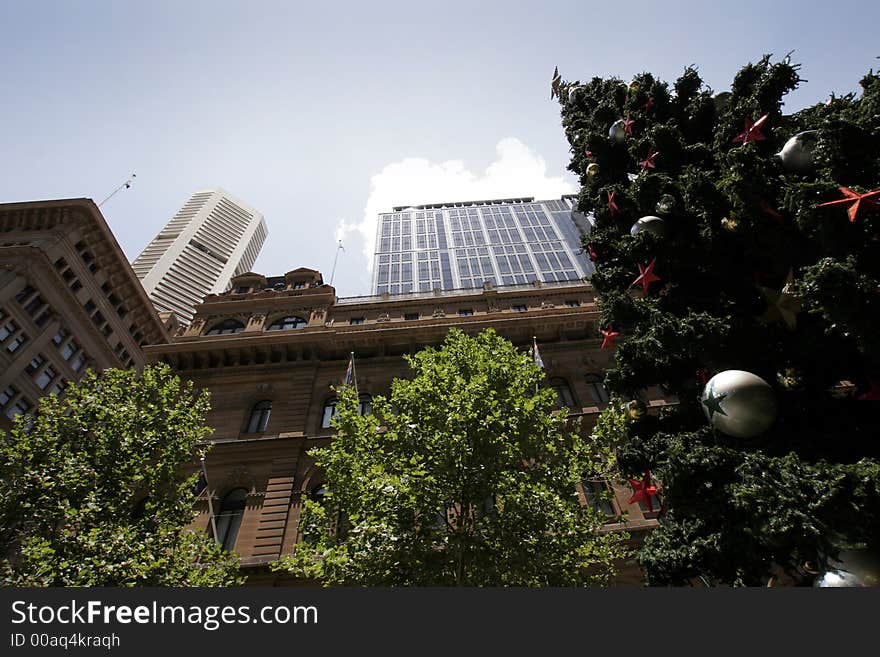 Tall Outdoor Christmas Tree With Decoration, Summer in Sydney, Australia