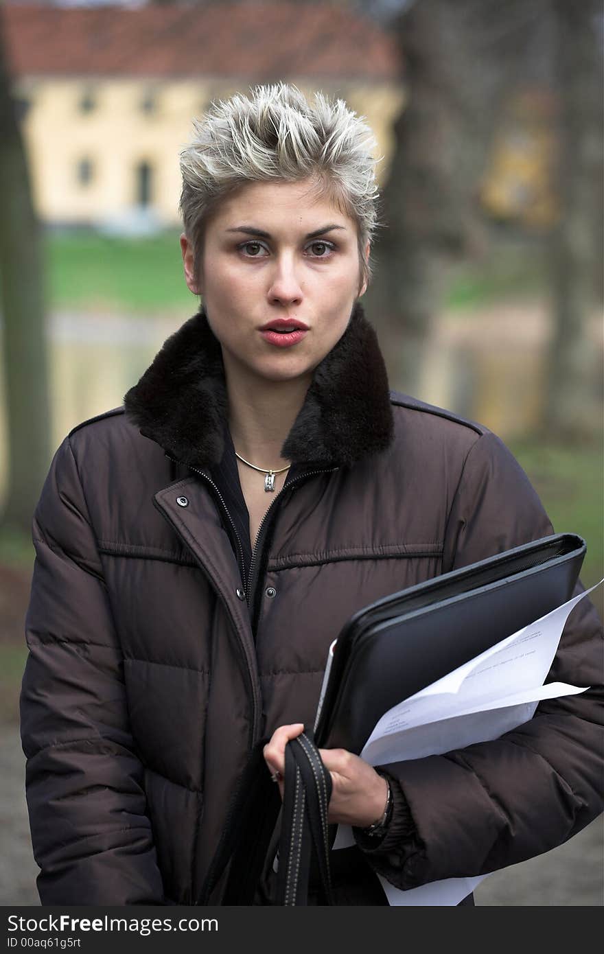 Business woman outdooring a park reading mails and notebook. Business woman outdooring a park reading mails and notebook