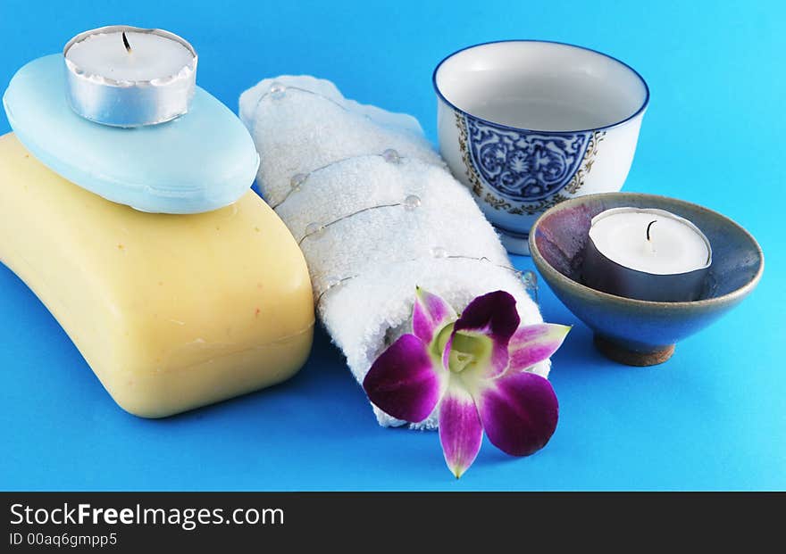 Spa products on a blue background