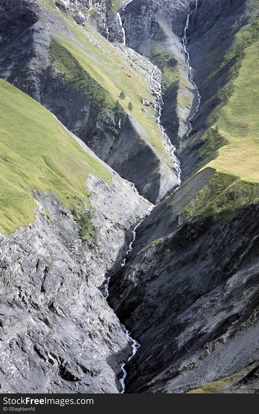 Gullying of a torrent in french Alps from above