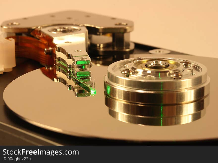 Internals of a Hard Disk under a green laser light. Internals of a Hard Disk under a green laser light.