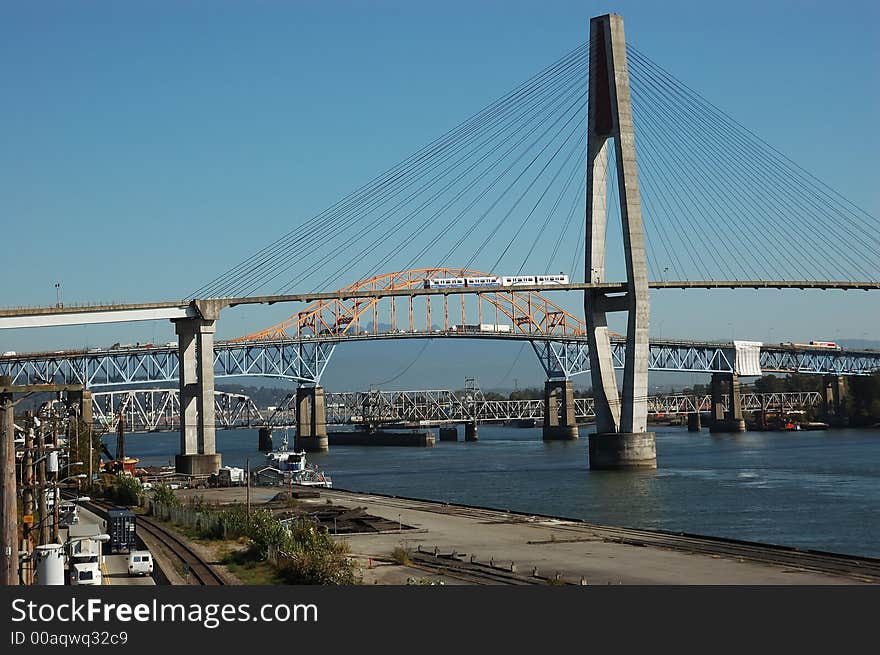 Three different bridges in a city. Three different bridges in a city