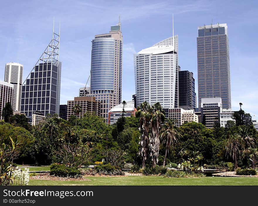 Urban Public Park In Front Of Tall City Office Buildings, Sydney, Australia. Urban Public Park In Front Of Tall City Office Buildings, Sydney, Australia