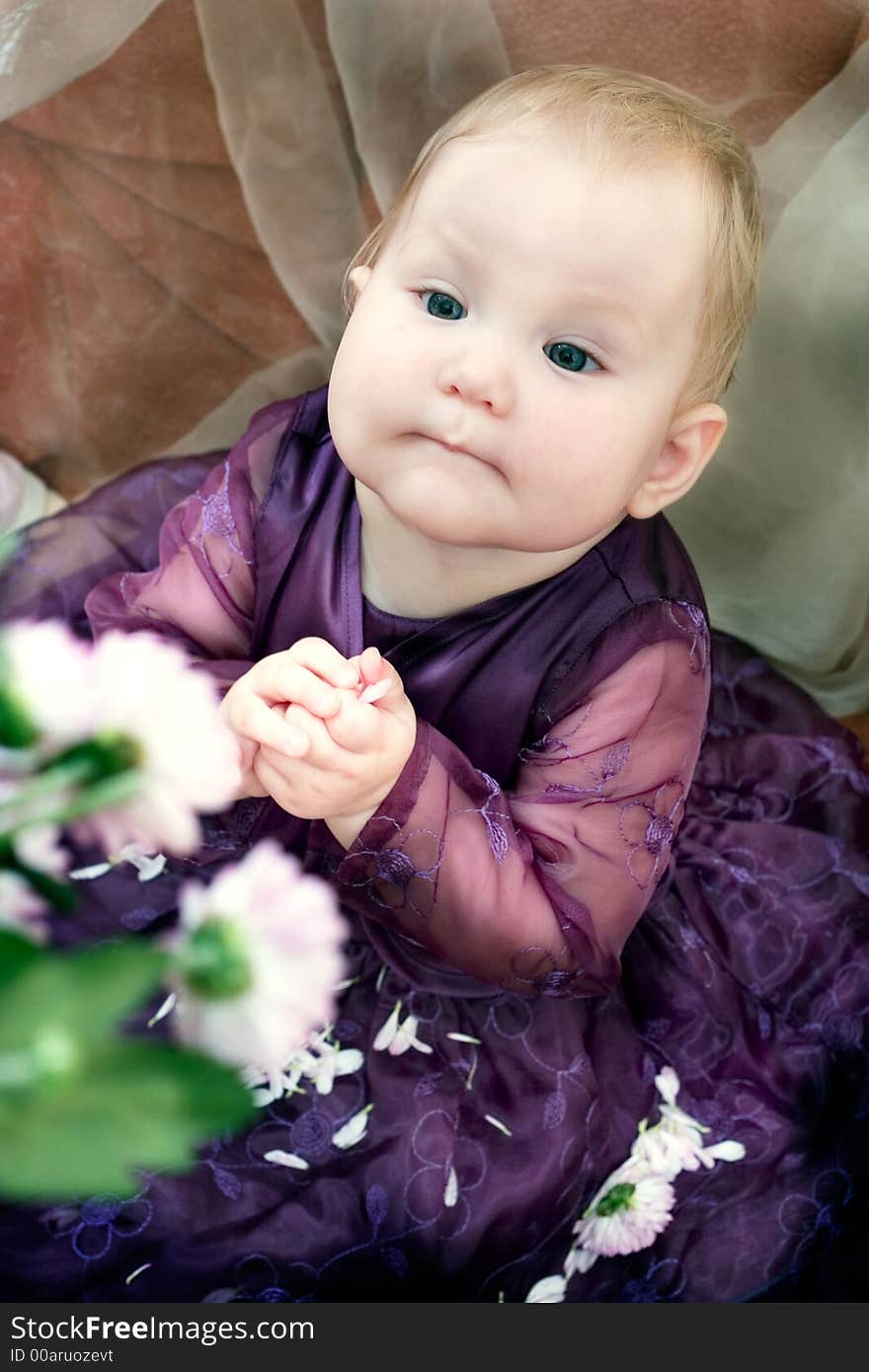 Cute little girl looking on the beautiful flowers on the table. Cute little girl looking on the beautiful flowers on the table