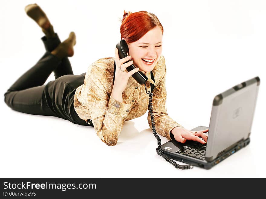 Working outside your workplace, woman with laptop and receiver