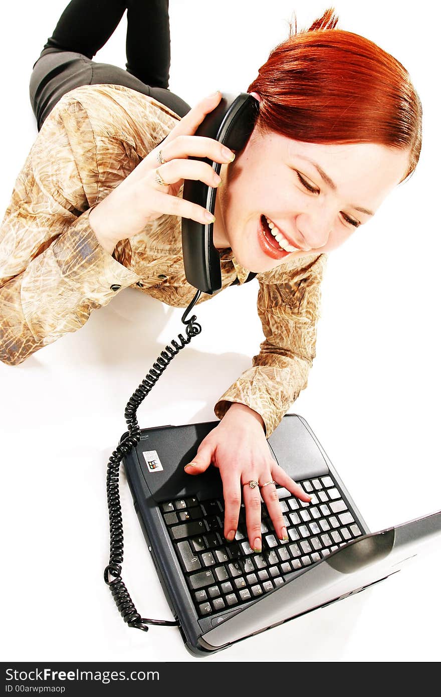 Working outside your workplace, woman with laptop and receiver