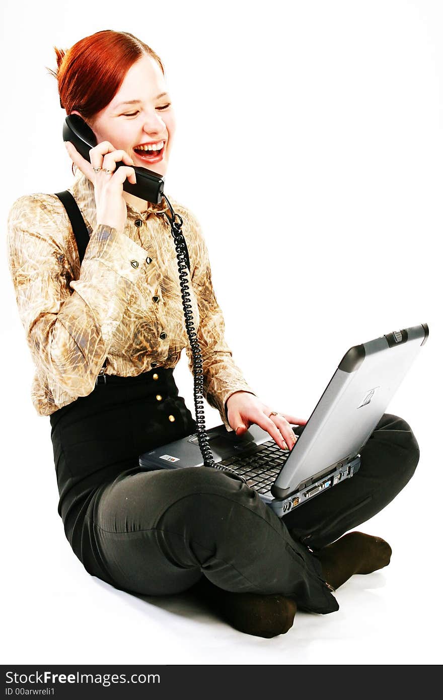 Working outside your workplace, woman with laptop and receiver