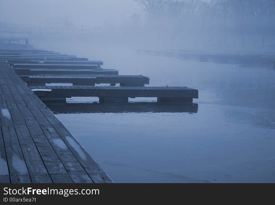 Icy blue marina in winter