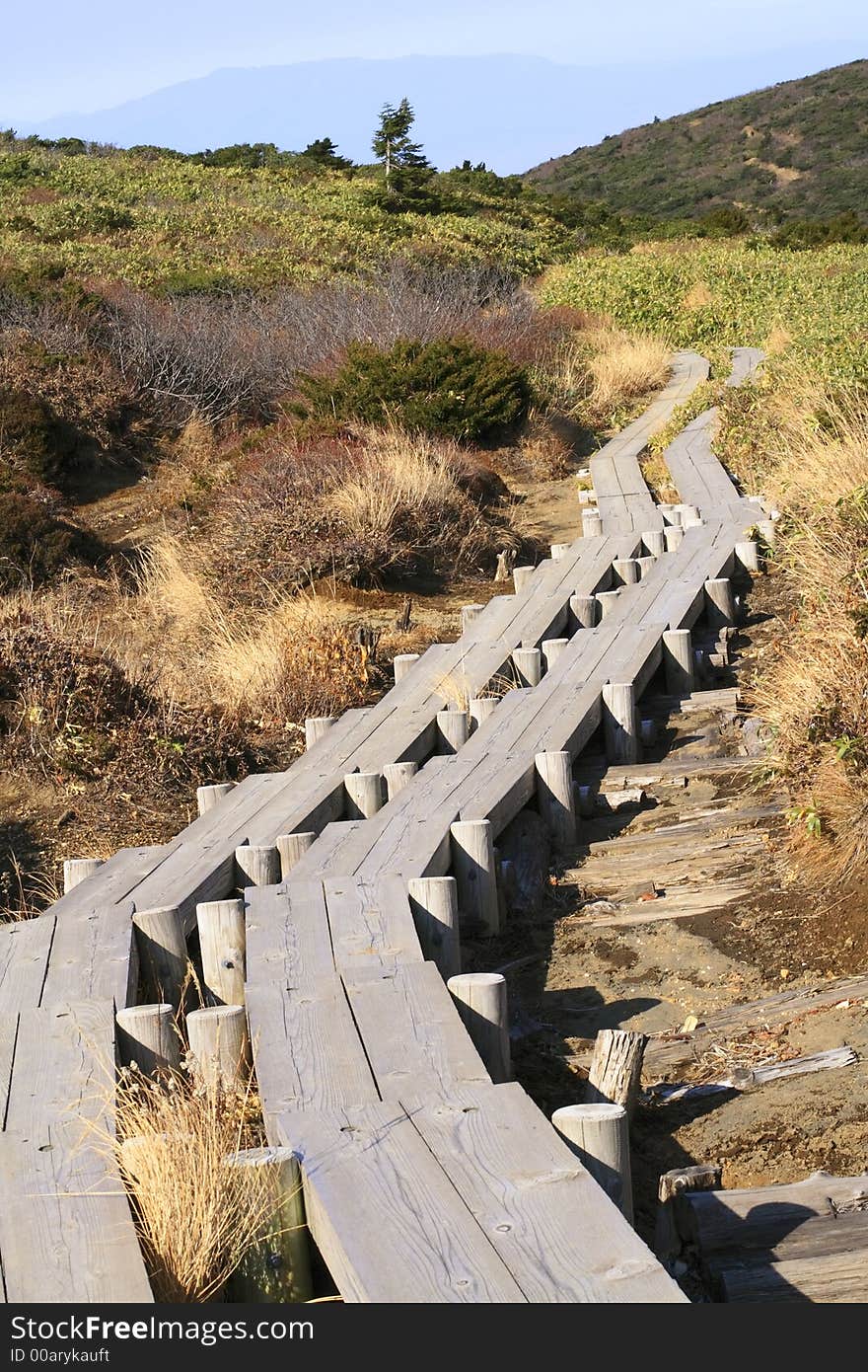 Wooden route for mountain trekking-Zao Mountain Japan. Wooden route for mountain trekking-Zao Mountain Japan