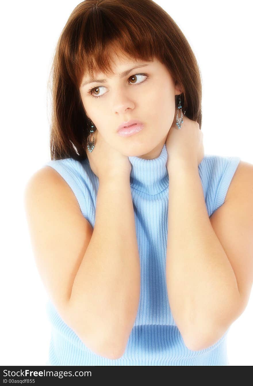 Beautiful young woman in blue over white.