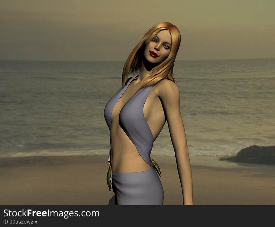 Beautiful Lila with her blonde hair and emerald eyes, on the beach.  3D model, computer generated by Bryce. Beautiful Lila with her blonde hair and emerald eyes, on the beach.  3D model, computer generated by Bryce