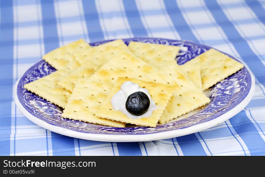 Plate with crackers yogurt and blueberry.