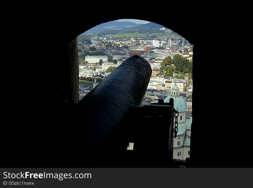 Hohensalzburg fortress cannon overlooking Salzburg