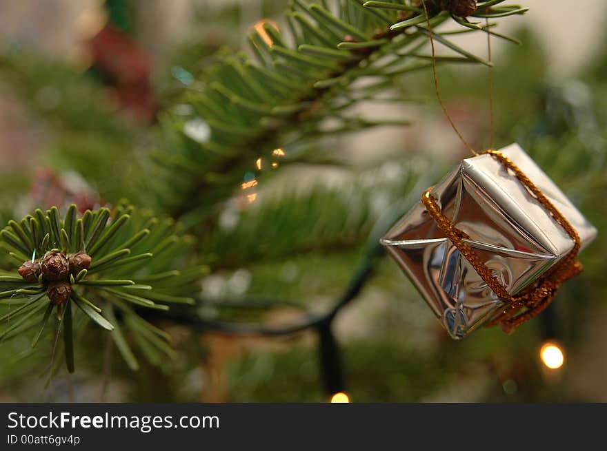 A silver box christmas tree decoration