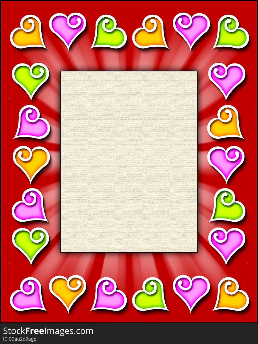 A 3-D illustration of a frame with fun, hand-drawn hearts in several colors. A 3-D illustration of a frame with fun, hand-drawn hearts in several colors