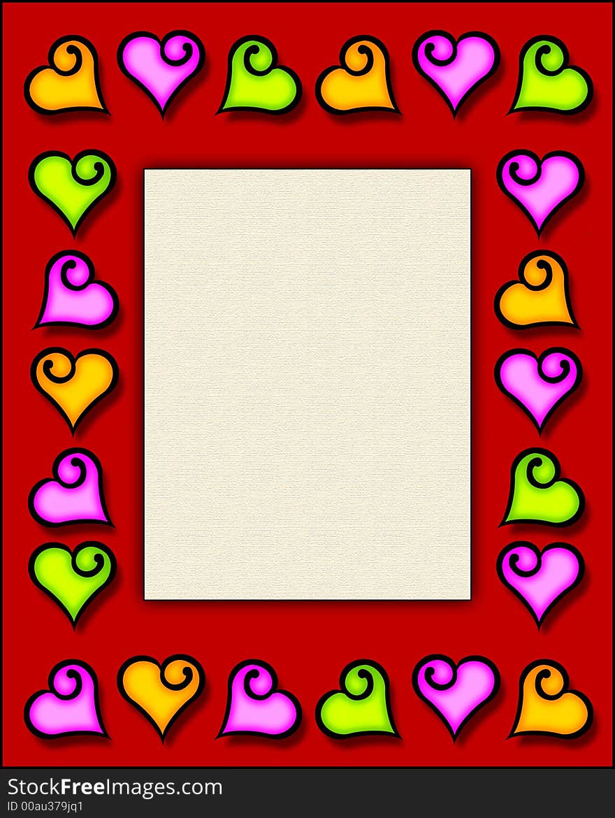 A 3-D illustration of a frame with fun, hand-drawn hearts in several colors. A 3-D illustration of a frame with fun, hand-drawn hearts in several colors